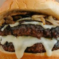 Mushroom Double Cheeseburger · Certified Angus Beef.  Two patties with sautéed mushrooms, grilled onions, mayonnaise, and m...