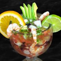 Campechana · Camaron y pulpo, a cocktail mixture of shrimp and octopus.