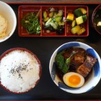 Chashu (Kakuni) Bento · Japanese braised pork belly cashu served with miso soup, rice and 3 Japanese side dish.
