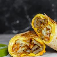 Sausage, Egg, And Cheddar Breakfast Burrito · 3 fresh cracked, cage-free scrambled eggs, melted Cheddar cheese, seared pork sausage pattie...