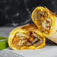 Bacon And Sausage Breakfast Burrito · 3 fresh cracked, cage-free scrambled eggs, melted Cheddar cheese, smokey bacon, pork sausage...