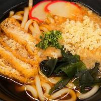 House Special Udon · Soy sauce, dashi broth, fish cake, tempura, yubu, seaweed, green onion.