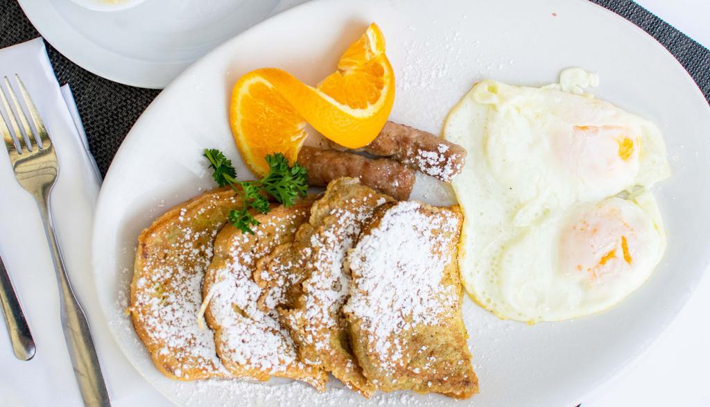 French Delight · 4 slice of french toast, 2 eggs & 2 applewood bacon or 2 sausage