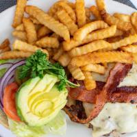 Bacon Avocado Swiss Burger · Burger topped with a mild cheese.