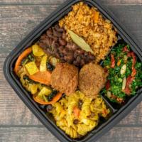 Welcome Plate · Fried Cauliflower, Red Beans & Brown Basmati Rice,   Mac Salad, Kale Salad, & Curry Veg