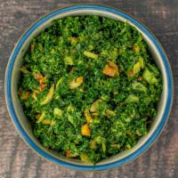Baba'S Kale Salad · Massaged Organic Kale, celery, onion, bell pepper, sun dried tomato, raisons, follow your he...