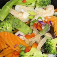 Vegetarian Sukiyaki · Clear noodle, tofu, shiitake, carrots, broccoli, zucchini, snow peas, scallion.