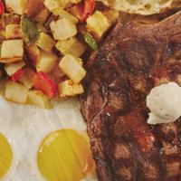 Rib Eye & Eggs · Premium Wood-Smoked 16-18oz Certified Angus Beef Rib Eye steak cooked on our authentic outdo...