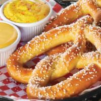 Soft Pretzels · Two classic soft pretzels with dipping sauce