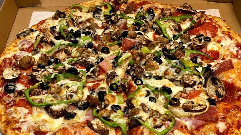 Ultimate Combination · Pepperoni, mushrooms, sausage, onions green, peppers, black olives, salami, ground beef, Canadian bacon.