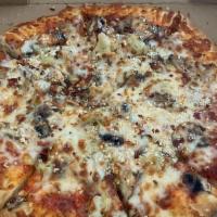 Ghost Pepper · Spicy special sauce, pepperoni, sausage, bacon, bell peppers, mushrooms, onion, olives.