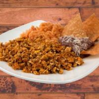 Scrambled Eggs With Chorizo · Two Eggs mix with Chorizo, Rice and Beans 3 Torillas
