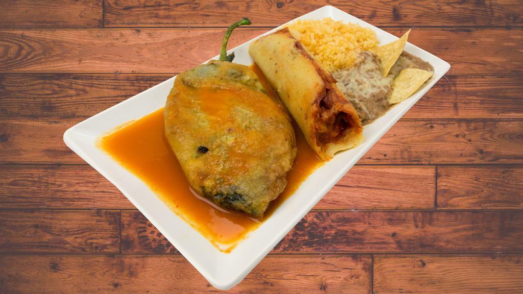 One Tamale And Chile Relleno Combo · One Tamale and Chile Relleno with Rice and Beans.