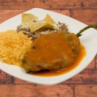 One Chile Relleno Combo · Chile Relleno with rice and beans and 3 Tortillas.