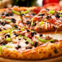 Papa'S Supreme Pizza · Pepperoni, sausage, mushrooms, Canadian bacon, onions, bell pepper, and olives.