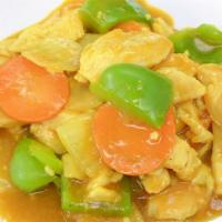 Curry Chicken · Chicken, bell pepper, onion, and carrots with yellow curry spicy sauce.
