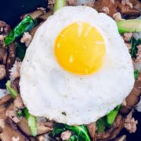 Shiitake Chicken Rice Bowl · Shiitake mushroom, ground chicken, green onions, Chinese broccoli, organic fried egg, over r...
