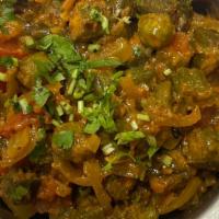 Bhindi Masala Okra · Okra cooked with herbs spices.