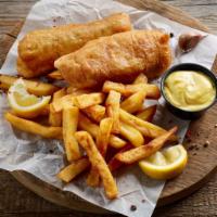 4 Pieces Fish & Chips · Fresh caught white fish battered and crisped to perfection and served with a side of golden ...