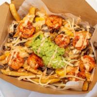 Mar Y Tierra Fries · Grilled shrimp with angus steak, fries, guacamole, chipotle sauce and cheese.