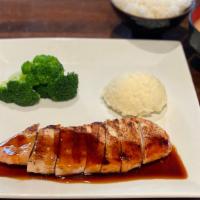 Chicken Teriyaki Dinner · Grilled chicken breast served with mashed potato, broccoli and teriyaki sauce.