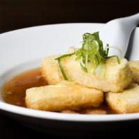 Fried Tofu (Agedashi Tofu) · Deep-fried tofu with tempura sauce, grated ginger, bonito flakes and nameko mushroom.