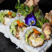 Spider Roll (6 Pieces) · Fried soft-shell crab, avocado, cucumber, masago, spicy mayo.