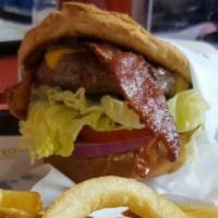 #1. Bacon Cheeseburger · Skin on fries, small soda.