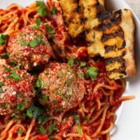 Spaghetti And  Meatballs · Spaghetti, marinara, grated Parmesan & three meatballs.