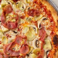 Cracker Thin Crust Style Rustica Pizza · Prosciutto, artichokes, mushrooms, garlic oil, mozzarella, tomato sauce