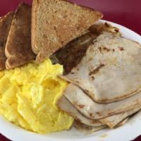 (19) Slice Turkey  & 2 Eggs Hash Brown Toast · Comes with 2 Eggs , Hash brown , Toast and  5 oz Sliced Turkey.