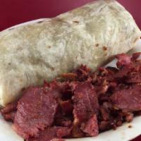 Pastrami Egg Burrito · THIS IS  HOT ONE -Come with eggs, hash brown, 5 oz. Pastrami and Cheddar Cheeses  ( Home mad...