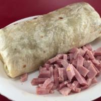 Ham Egg Burrito · Come with eggs, hash brown, chop Ham and Cheddar Cheeses  ( Home made Salsa on the side)