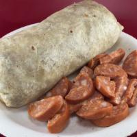 Portuguese Egg Burrito · Come with eggs, hash brown, chop Portuguese Sausage and Cheddar Cheeses  ( Home made Salsa o...