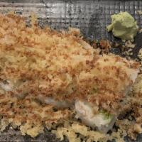 Crunch California · Inside: crabmeat, avocado. Top: tempura flakes, unagi sauce.
