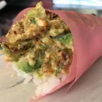 Zig Zag Handroll · Soft shell crab, avocado & masago mixed with house sauce in soy wrap.