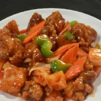 Sweet & Sour Chicken · Breaded chicken tossed in our favorite Cantonese sweet & sour sauce.