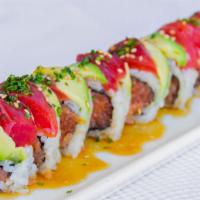 Red Lady Roll · Mixed fish, cucumber, topping Cajun seasoning, seared tuna, & creamy sesame sauce.