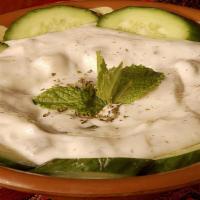 Yogurt Cucumber Dip · Yogurt Cucumber Dip is served with pita bread.