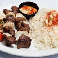 Steak Skewers · Filet Menion pieces of spicy beef char-grilled over mesquite. Served with rice.