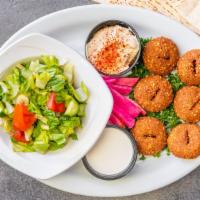 Falafel Platter · A mixture of ground chickpeas, coriander, garlic, onions and spices fried in vegetable oil. ...