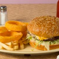 Chili Cheese Burger  · 1000 island  onions shredded lettuce tomatoes pickles American cheese fries and small drink