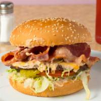 Pastrami Burger & Swiss Combo · Onion,lettuce,tomato, pickles and our home made thousand island sauce topped with our famous...