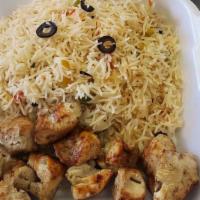 Chicken   Boti  Kabob With Rice · 5 Skewer of  Chicken Boti ( medium size boti, 4 boti per skewer)