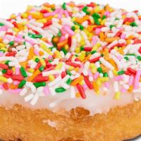 Sprinkles Iced Cake · Cake donut with chocolate or vanilla icing and dipped in sprinkles.