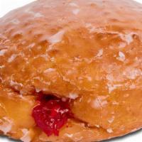 Raspberry Jelly Filled · Glazed jelly donut with raspberry jelly.
