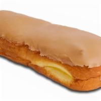 Maple Long John With Cream · Maple iced long john filled with our Bavarian cream.