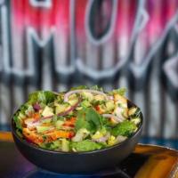 Famous Chicken Salad · Mesquite or grilled chicken breast cheddar jack cheese romaine cabbage salad whole pinto or ...