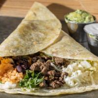Burrito Con Todo  · Your choice of protein, Spanish rice, black beans, cheese,  crema, onions, choice of salsa, ...