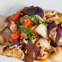 Eggplant · Spicy. Sautéed with eggplant, onions, bell peppers. thai basil with spicy garlic sauce.